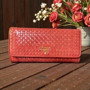 Prada Madras Intrecciato Rosso Long Wallet w/ Removable ID Card Holder (A194)